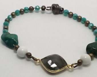 Serenity and Delight: Hei Hebrew Letter Bracelet;m Gemstones- Labordite, Turquoise and Howlite
