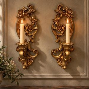May include: A pair of gold-colored wall sconces featuring intricate scrollwork and floral carvings. Each sconce holds a single white taper candle with a lit flame. The design includes symmetrical swirling patterns and detailed flower motifs.