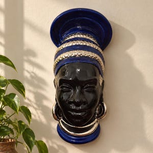 Vintage African Woman Ceramic Wall Hanging, Black Lady Figural Wall Art, Cobalt Blue Pottery, 1960s 1970s Mid Century Decor, Eclectic Art