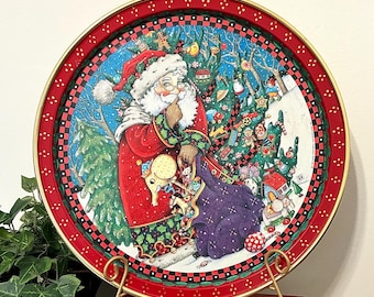 Vintage Christmas Tin Tray | Santa Serving Tray, Folk Art Holiday Decor, Whimsical Santa Platter | Cottage Christmas Decor, 80s 90s