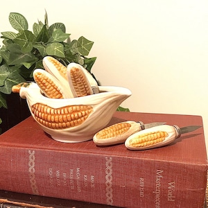 Vintage Ceramic Corn Butter Dish & Skewer Set | MCM Kitchen Decor
