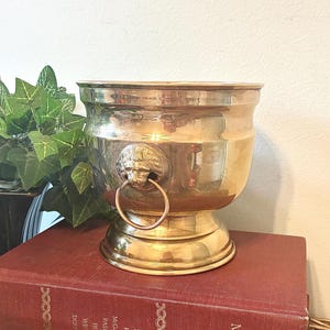 May include: A brass planter with a lion's head and ring handle. The planter sits on a stack of vintage books with red and brown covers. The books are on a woven wicker surface.
