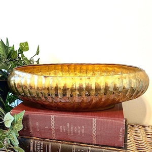 Macetero vintage de latón macizo para centro de mesa / Cuenco redondo de latón acanalado de 28 cm, decoración de mediados de siglo, pieza decorativa de mesa de los años 70, estilo rústico francés