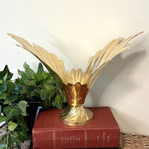 Vintage Brass Lotus Bowl | Large Art Deco Splash Vase, Hollywood Regency Centerpiece, Palm Leaf Pedestal Bowl, 14 Inch Statement Decor