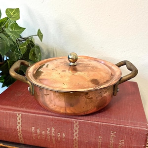 May include: A copper-colored cooking pot with a lid and two handles. The pot is sitting on top of two antique books with red and brown covers. A small plant is visible in the background.