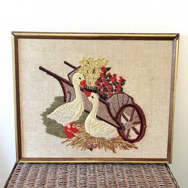 Vintage Goose Wall Art: Framed Embroidery Needlepoint Crewel | Cottagecore Wall Decor, Farmhouse Folk Art Animal, Rustic Country Decor, 1970