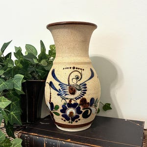 Vintage Tonala Pottery Vase | Hand Painted Mexican Ceramic Vase, Folk Art Floral Decor, Rustic Hacienda Home, Blue Brown Southwest Vase