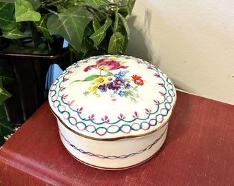 Vintage Porcelain Trinket Box: European Antique | Hand Painted Floral Round Box, German Porcelain Vanity Decor, Cottagecore Jewelry Dish