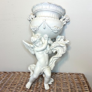 Macetero de pared vintage con querubín / Jarrón de pared de yeso, decoración de casa de campo francesa, adorno de pared con ángel putti, neoclásico