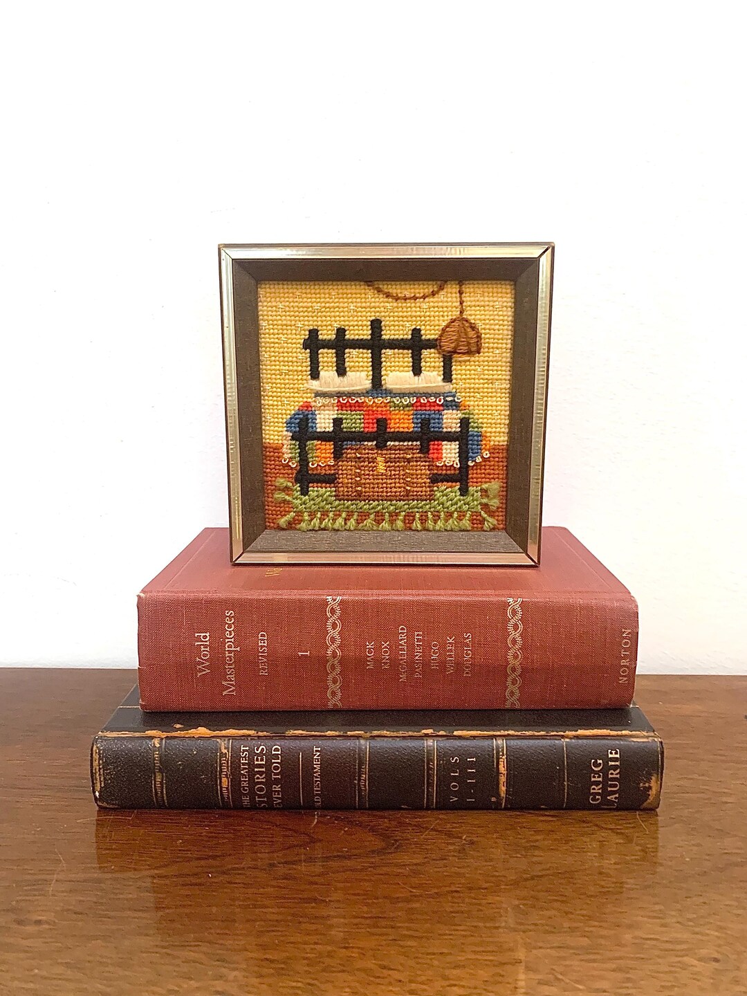 Vintage Needlepoint Framed Wall Art | Rustic Cottage Wall Decor, Mid ...
