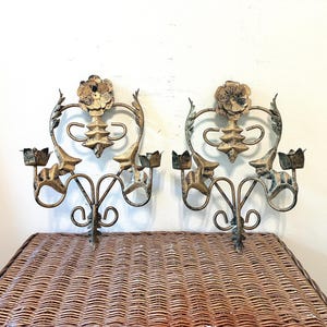 Vintage Gold Toleware Wall Sconces Pair | Floral Metal Candle Holders, French Country Rustic, 1960s Ornate Iron Wall Lighting, Gothic Home