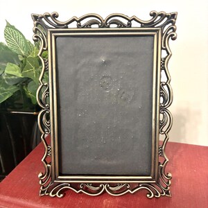 May include: Ornate bronze-colored picture frame with a rectangular opening. The frame has a detailed, scrolling design around the edges. The frame is resting on a red book, with a green plant in the background.
