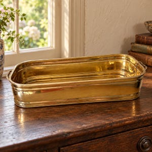 May include: A rectangular brass planter with a polished, reflective finish and rounded corners. The vessel features a smooth, continuous rim and small, integrated metal handles on each of the shorter sides, showcasing a metallic gold tone.