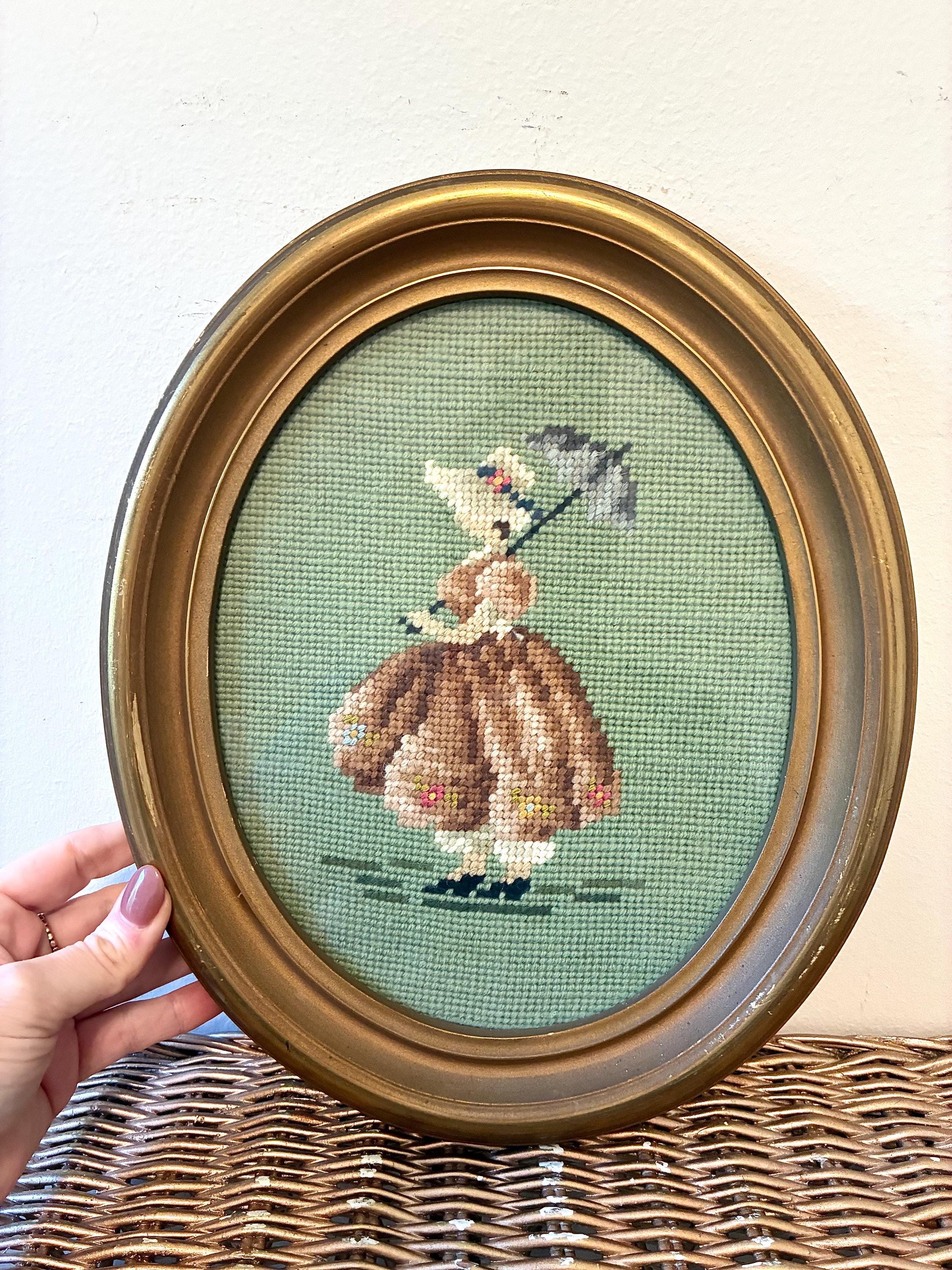 Vintage Needlepoint Girl: Gold Oval Framed | Colonial Revival Wall Art ...