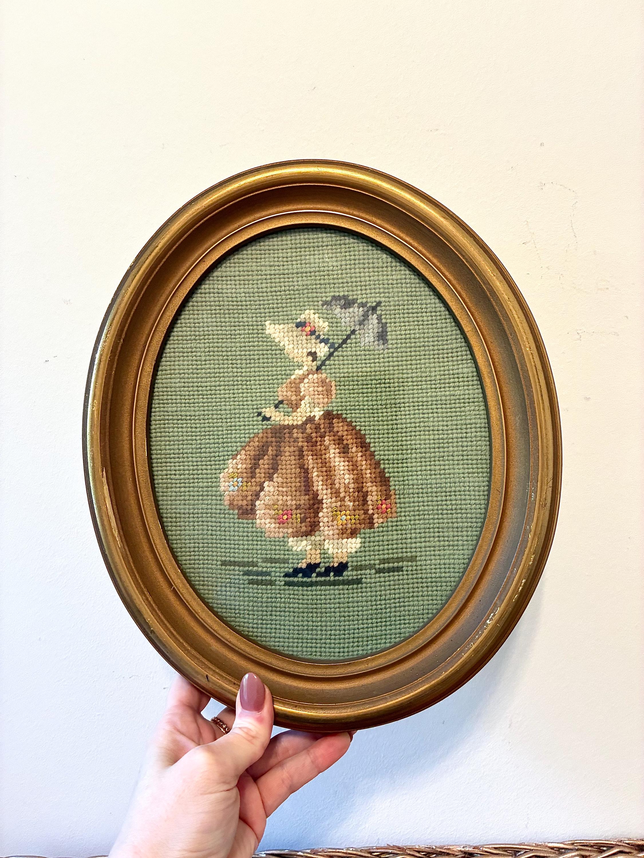 Vintage Needlepoint Girl: Gold Oval Framed | Colonial Revival Wall Art ...