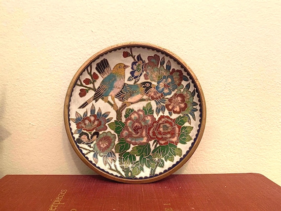 Vintage Trinket Dish: Brass + Cloisonné Enamel Birds and Flowers | Grandmillenial Decor, Botanical, Cottagecore Vanity Decor, Chinoiserie