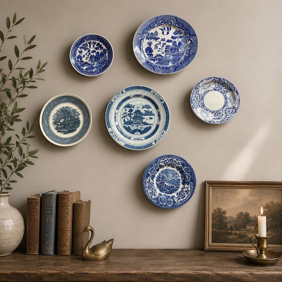Vintage Blue White Plate Wall Set | Chinoiserie Transferware Decor, Mismatched Gallery Wall Plates, Cottagecore English Country, Blue Willow