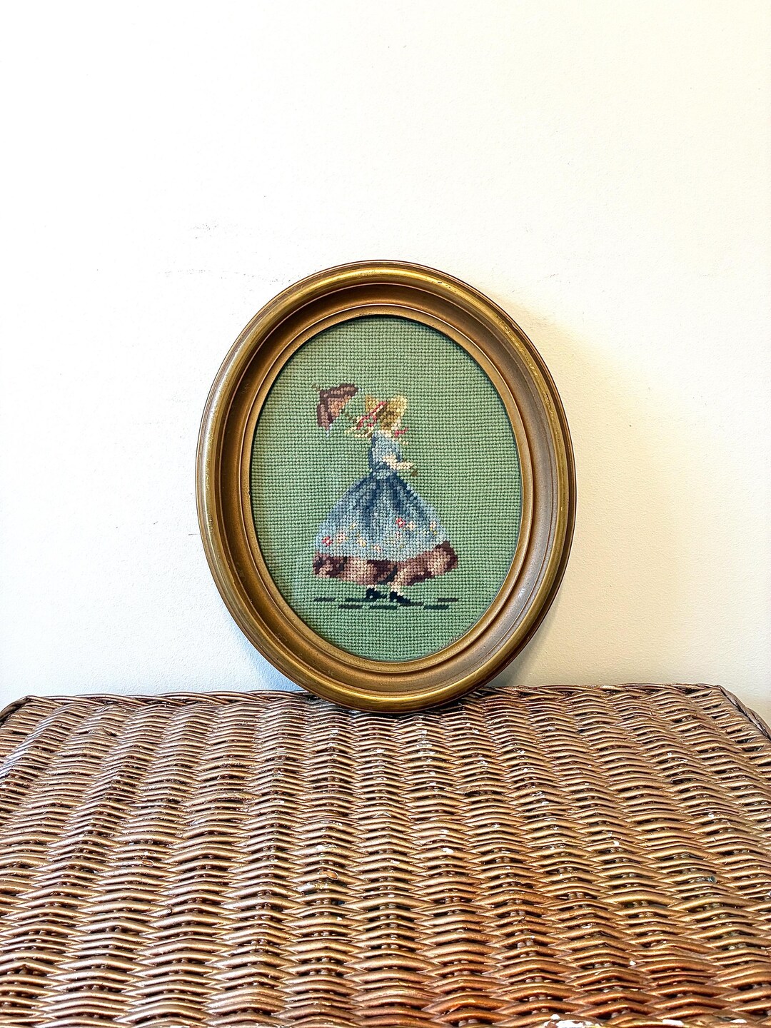 Vintage Needlepoint Girl: Gold Oval Framed | Colonial Revival Wall Art ...