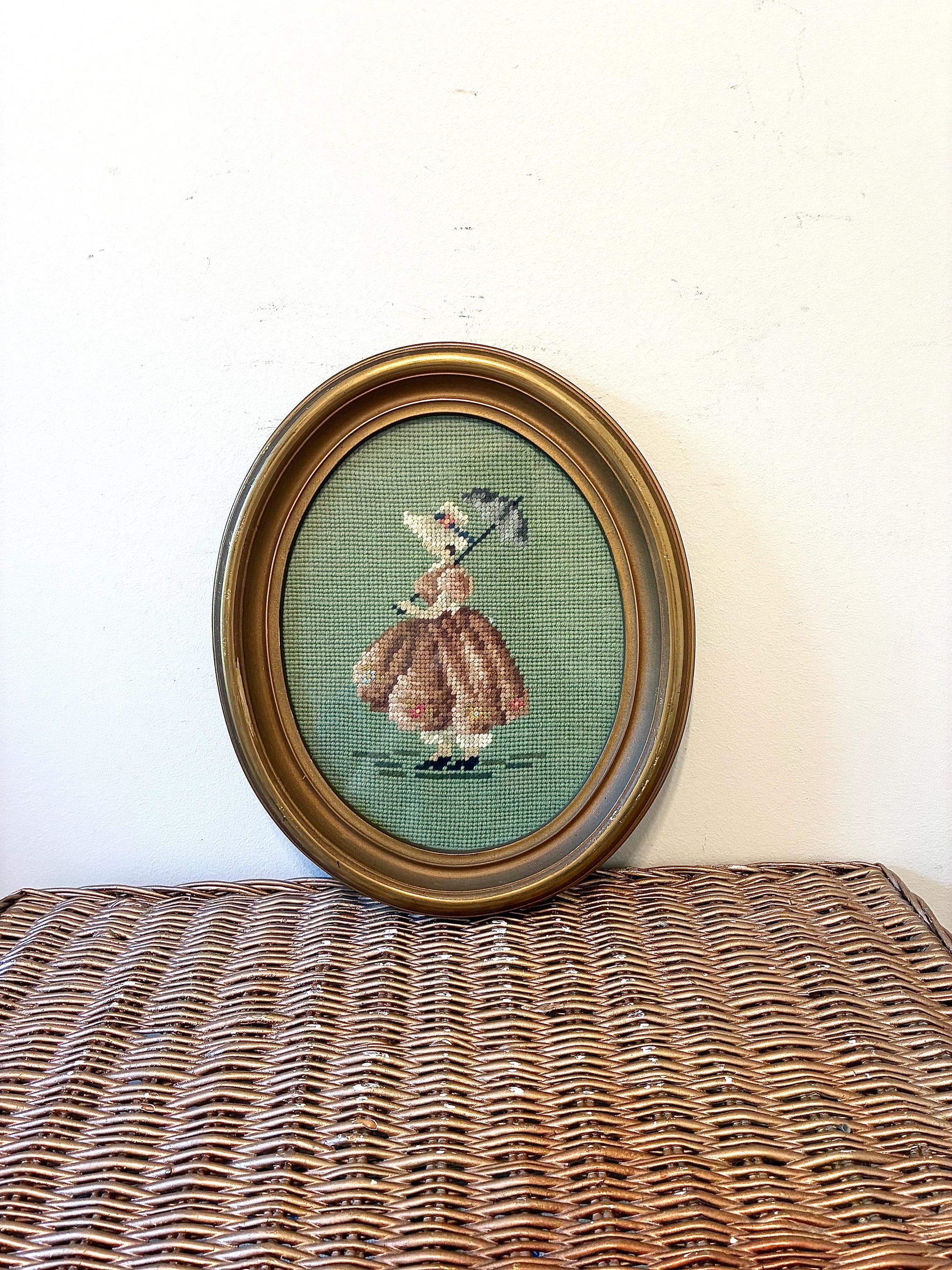 Vintage Needlepoint Girl: Gold Oval Framed | Colonial Revival Wall Art ...