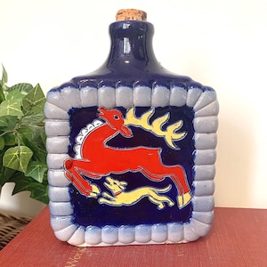 Vintage Stoneware Jug: West German Reinhold Merkelbach Cobalt Bottle | Westerwald Stag & Hound, Whimsical Animal Decor, European Folk Art