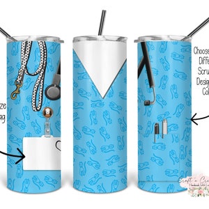 Puede incluir: Un juego de tres vasos de acero inoxidable con fondo azul y un diseño de batas médicas con estetoscopio, bolígrafo y placa. Los vasos son personalizables con una etiqueta de nombre.