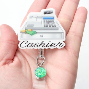 Cashier Badge Reel, Cashier, Register, Cash Register,Badge Reels, Retail Worker, Gift for Cashier, ID Holder, Retractable Badge