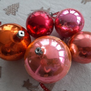 Big Christmas glass balls set of 5 - Vintage glass Christmas ornament - Pink, orange Xmas tree decorations - New Year - made in USSR