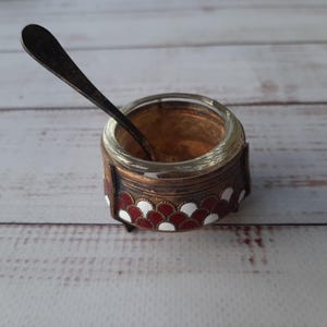 Vintage 60s Ukrainian salt cellar with spoon - Melchior mustard pot - Antique salt jar - Small jar for salt - Ukrainian enameled caviar bowl