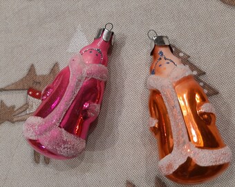 Vintage Snow Maiden Glass Ornaments - Pink & Orange Soviet Xmas Decor (Set of 2)