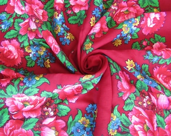 châle vintage ukrainien bordeaux - foulard carré oversize - écharpe à imprimé floral - châle en laine - châle babushka - cadeau pour elle
