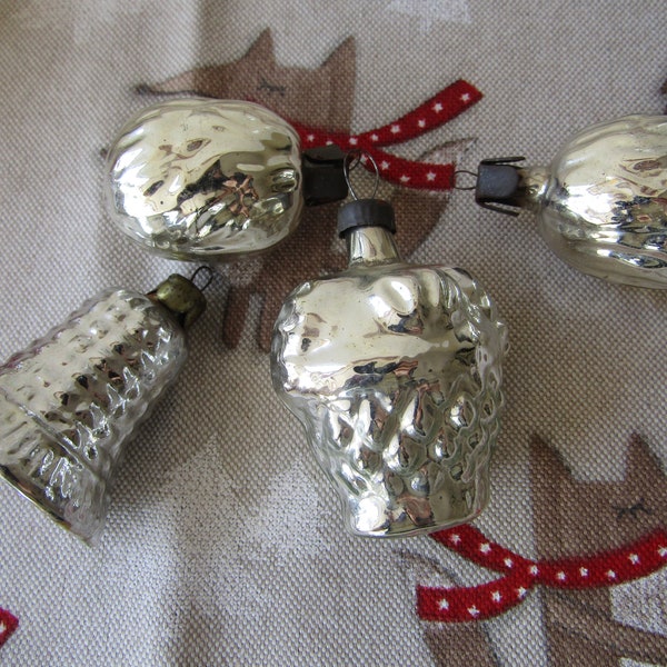 Ukrainian silver glass Christmas tree ornaments set of 4 - Nuts, bell - Soviet Xmas tree decoration - Vintage Christmas tree - New Year