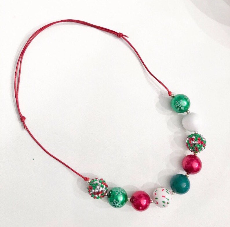 Holiday Cheer Adjustable Necklace Bubblegum Chunky Bead Adult Sliding Knot Red Green Christmas