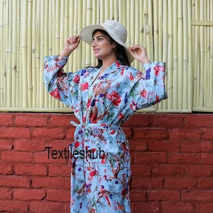 Dressing Gown Kimono CK-150 Sky Blue Bird Print Bath Robes Bikini Cover up robes House Coat Robe Indian 100% Cotton kimono Robe
