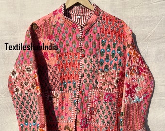 Indian Peach Patchwork Quilted Jacket 100% Cotton Jacket Women Clothing Jacket All Season Ideal Gift for Fashion Christmas Anniversary US