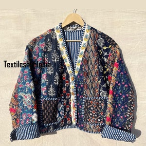 Indian Blue Patchwork Quilted Fluffy Jacket Cotton Jacket Women&#39;s Clothing Jacket All Season Ideal Gift for Fashion Christmas Anniversary US