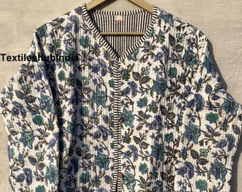 Indian Blue White Floral Quilted Jacket 100% Cotton Jacket Women Clothing Jacket All Season Ideal Gift for Fashion Christmas Anniversary US