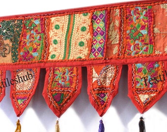 Toran Valance Orange Door Patchwork Window Hanging Wall Topper Handmade Decor Gate Embroidered Indian Ethnic Colorful Cotton vintage Home