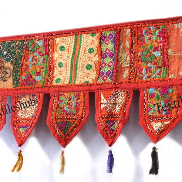 Toran Valance Orange Door Patchwork Window Hanging Wall Topper Handmade Decor Gate Embroidered Indian Ethnic Colorful Cotton Vintage Home