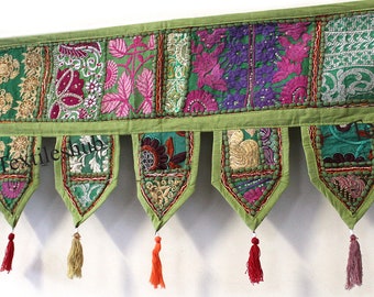 New Green Toran Valance Door Patchwork Window Hanging Wall Topper Handmade Decor Gate Embroidered Indian Ethnic Colorful Cotton Vintage Home