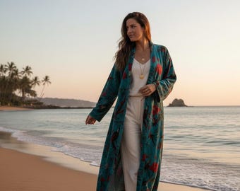 Blue Bird Print Velvet Kimono Robe: Boho Velvet Robes Wear M to XXL.
