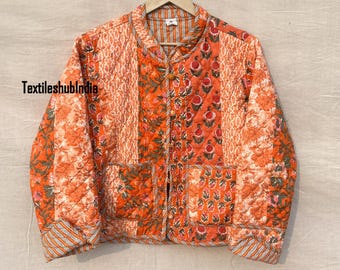 Indian Orange Floral Quilted Fluffy Jacket Cotton Jacket Women Clothing Jacket All Season Ideal Gift for Fashion Christmas Anniversary US