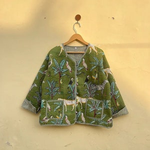 Indian Green Tiger Forest Quilted Jacket, Reversible Jacket, Unisex Breathable Blazer, Cotton Women's Clothing Patchwork Winter Jacket, US