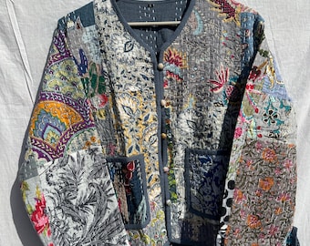 ハンドメイドインド綿キルティングジャケット：軽量パッチワークコート