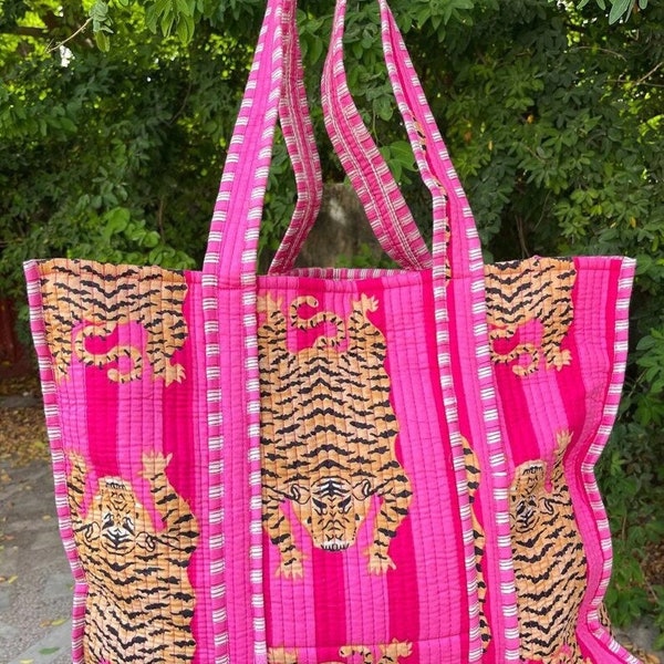 Indian Pink Tiger Printed Cotton Quilted Handbag Women's Purse, Tote Purse Girls Handbag Beautiful Fashionable Bridal Shoulder Cotton Bags