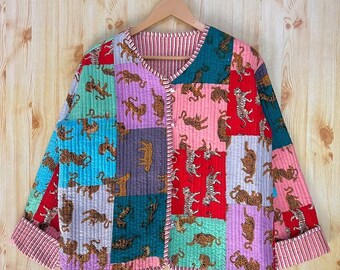 Nouvelle veste matelassée Indian Multi Tiger Patchwork, veste réversible, blazer respirant unisexe 100% coton veste d’hiver de vêtements pour femmes, États-Unis