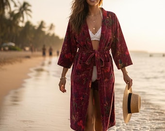 Handgemaakte fluwelen kimonobadjas met bloemenvogelprint, boho loungewear
