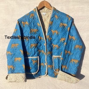 Indian Blue Tiger Printed Quilted Jacket 100%Cotton Jacket Women Clothing Jacket All Season Ideal Gift for Fashion Christmas Anniversary US