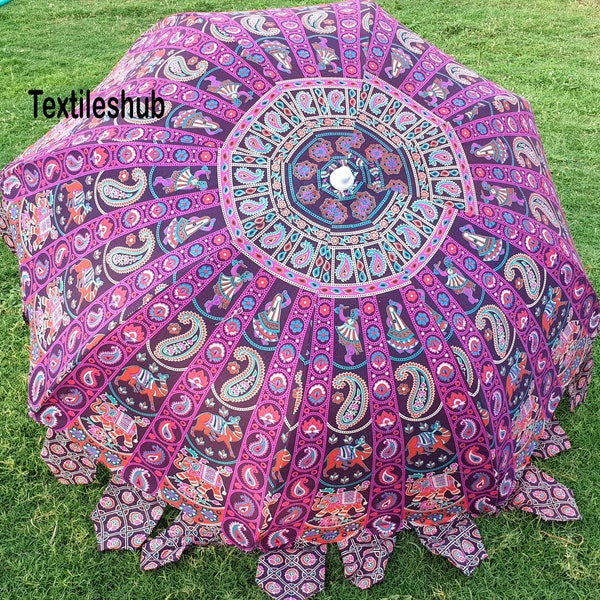 Indian Purple Rajasthani Ghoomar Style Design Cotton Garden Decor Umbrella Beach Umbrella, Patio Parasol Garden Umbrella 100%Cotton Umbrella