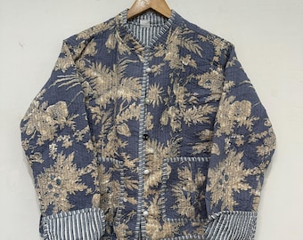 Indian Grey Floral Handmade Quilted Jacket Cotton Jacket Women&#39;s Clothing Jacket All Season, Ideal Gift for Fashion Christmas Anniversary US