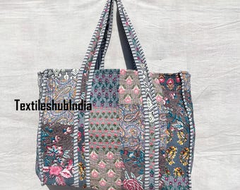 Handmade Indian Patchwork Cotton Tote Bag: Quilted Fluffy Purse